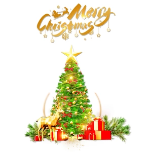 Christmas decoration set with green pine tree, golden deer statue and red gift boxes