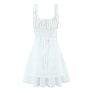 Detail of white mini dress with square neckline, waist tie and layered lace hem