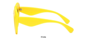 Side view of yellow heart shaped polarized sunglasses with a glossy resin finish