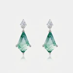 Kite Cut Moss Agate Drop Earrings With 925 Sterling Silver Earring Post Geometric Zircon Elegant Jewelry For Women