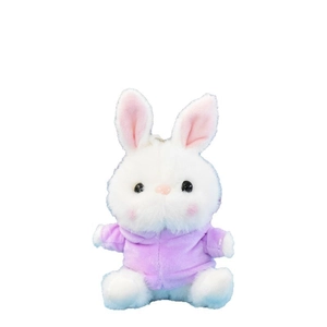 Cute white rabbit plush keychain toy wearing a purple hoodie on white background