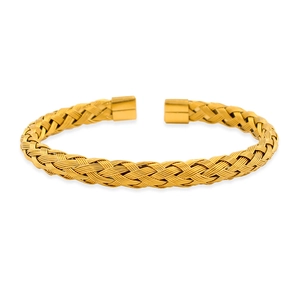 Detail shot of golden braided stainless steel cable bracelet with metallic textured finish