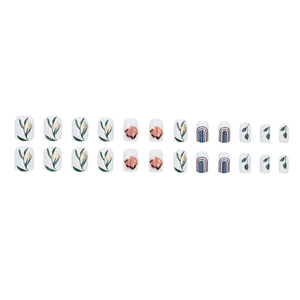Short square artificial nails with green leaf and orange flower hand-painted designs