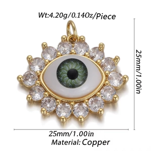 Detailed view of evil eye charm with green center and dimensions 25x25mm in copper