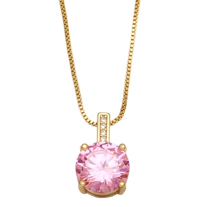 Close-up of pink round gemstone pendant with four-prong setting and golden box chain