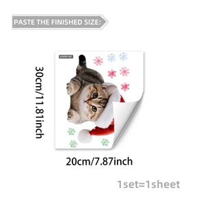 Detailed view of Christmas static window sticker featuring cat in Santa hat and snowflakes