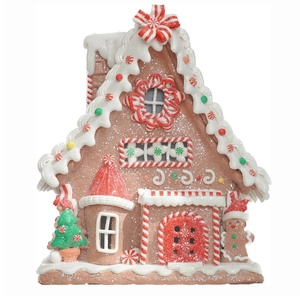 Lighted Christmas gingerbread house ornament with snowman and festive candy decorations