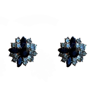 Exquisite silver-needle blue crystal flower stud earrings with a shiny metallic finish