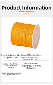 Detailed view of 0.8mm orange nylon jade cord spool with technical specification table
