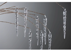 Macro shot of spiral clear acrylic icicle ornaments with realistic light refraction