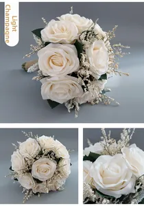 Detailed view of light champagne artificial roses with twine-wrapped stems for weddings