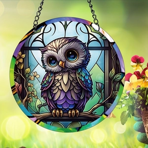 Gros plan d'un attrape-soleil en acrylique motif hibou suspendu dans un décor de jardin