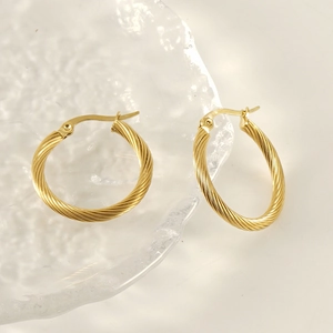 18K gold plated stainless steel twisted rope hoop earrings with a chic spiral texture