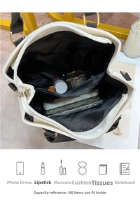 Interior view showing spacious compartments for iPhone 14 Max and daily makeup items