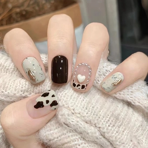 24Pcs French Short Press On Nails With Cow Print And Artificial Pearl Heart Designs Cute Sweet Cool Plastic False Nails Kit With Glue For Women Students Daily Whitening Manicure