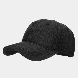 Detail of the high-quality dark grey denim twill texture and six-panel baseball cap design