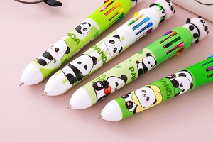 Close-up of cute panda ten-color ballpoint pens with cartoon toppers for journaling