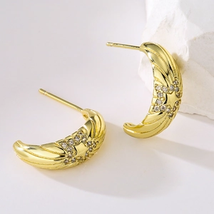 Orecchini a C a forma di stella placcati oro 18K con pavé di zirconi su pietra
