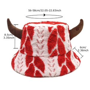 Funny Christmas plush bucket hat with red white colors and brown ox horns for winter warmth