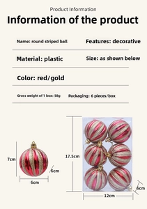 Detail of 6cm red and gold striped Christmas ornaments with glitter finish in a pack of 6