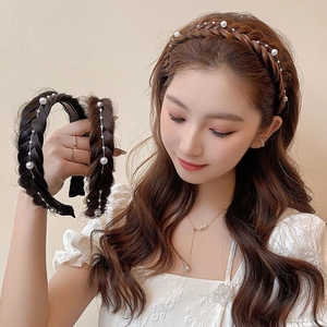Elegant braided hair headband with pearls for high crown look in black and brown