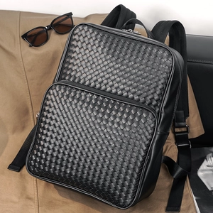 Woven PU Leather Backpack Men Large Capacity Business Travel Fashion Laptop Bag Retro Intrecciato Style Black