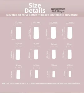 Detailed size chart for square press-on nails with 12 dimensions in millimeters