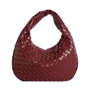 Fashionable burgundy woven PU leather hobo handbag with elegant top handle for women