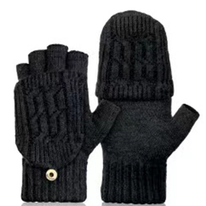 Deep grey knitted convertible flip top mittens for men with button closure detail