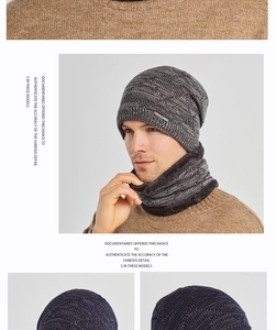 Detailed close-up of knitted winter beanie and neck warmer set with warm fleece lining