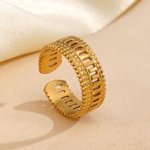Adjustable gold stainless steel Roman ring with hollow stripes and beaded edge detail