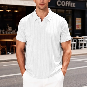 Men's white knit polo shirt with vertical stripes and V-neck lapel in outdoor street scene