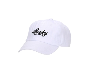 Detailed close-up of Lucky 3D embroidery on a white cotton twill baseball cap with air vents