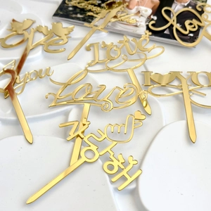 Golden mirror acrylic Love cake toppers set for wedding and Valentine decorations