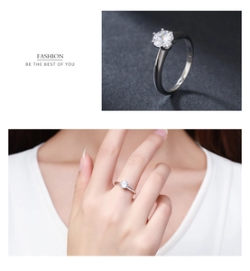 Macro detail of classic six-prong solitaire ring showing brilliant round-cut zirconia
