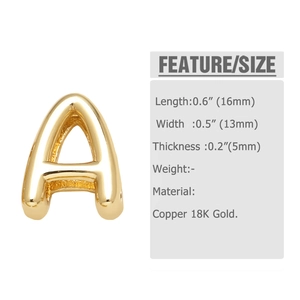 Detailed view of polished 18K gold plated letter A charm with exact size measurements