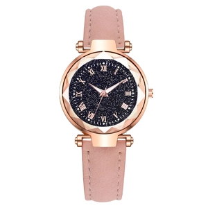 Women Quartz Watch Starry Sky Dial Roman Numerals Diamond Cut Glass Mirror Leather Strap Alloy Case Rose Gold Tone Elegant