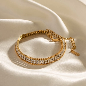 Double-row white zircon bracelet in 18K gold plated stainless steel with lobster clasp
