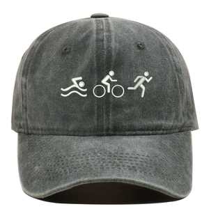 Detailed view of the triathlon sport embroidery on the washed cotton baseball cap fabric