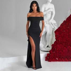 Off Shoulder Maxi Kleid Mit Hohem Schlitz Sexy Slim Fit Ruched Bodycon Abendkleid Für Damen Elegantes Partykleid