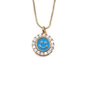 Golden box chain necklace with blue enamel smiley face pendant and cubic zirconia halo