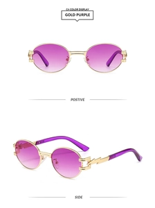 Detail of steampunk oval sunglasses with gold frames, purple lenses, and lightning temples