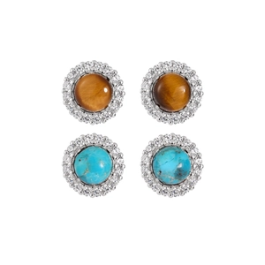 S925 sterling silver round earrings with turquoise, tiger eye and zircon accents