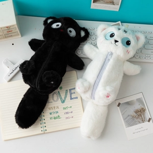 Trousses à crayons chat mignonnes en peluche noir et blanc pour rangement de papeterie créatif