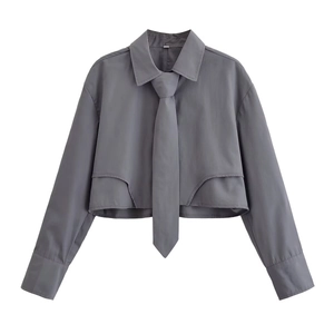 Women Cropped Long Sleeve Shirt With Tie Solid Gray Polyester Button Down Chic Streetwear Top