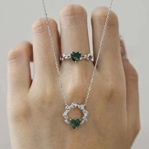 S925 sterling silver tree branch ring and necklace set with heart moss agate