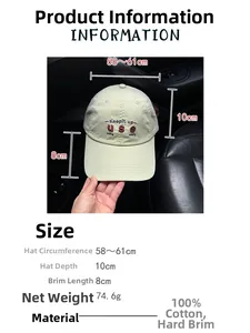 Detail view of cotton baseball cap with embroidered lettering and precise dimensions