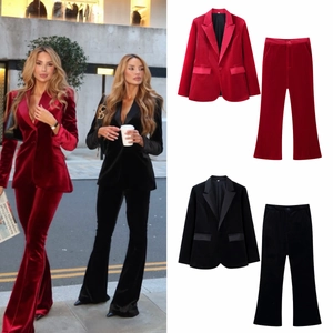 Ensemble Blazer En Velours Et Pantalon Évasé Femme Coupe Ajustée Col À Revers Bouton Unique Couleur Unie Costume
