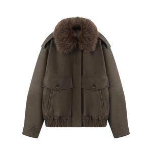 Women's vintage brown PU leather jacket with detachable faux fur collar and dual pockets