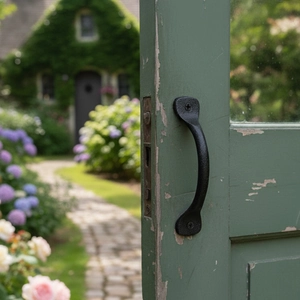 Vintage black cast iron door handle mounted on an aged green wooden gate in a garden